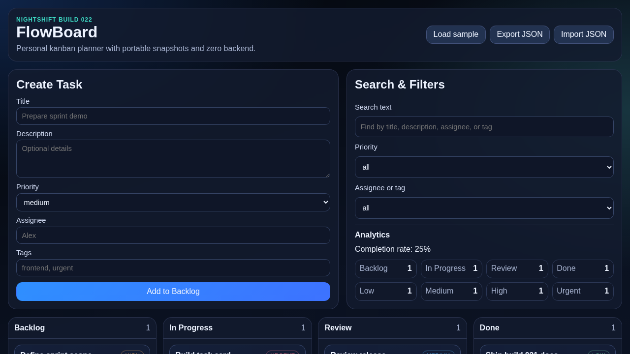Screenshot of kanban